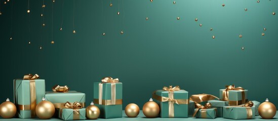 Banner with many gift boxes tied velvet ribbons and paper decorations on turquoise background. Christmas background.