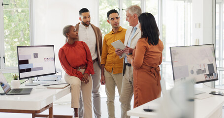 Business people, office and diversity with leader, tablet and brainstorming with planning,...