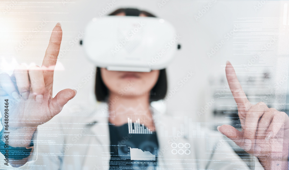 Aufkleber virtual reality, overlay and hands of scientist in laboratory for digital transformation and medical