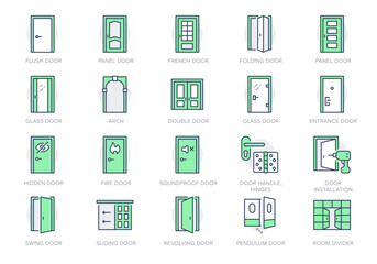 Door types line icons. Vector illustration include icon - sliding, french, folding, bifold, flush, arch, swing, revolving, hinges outline pictogram for doorway. Green Color, Editable Stroke - obrazy, fototapety, plakaty