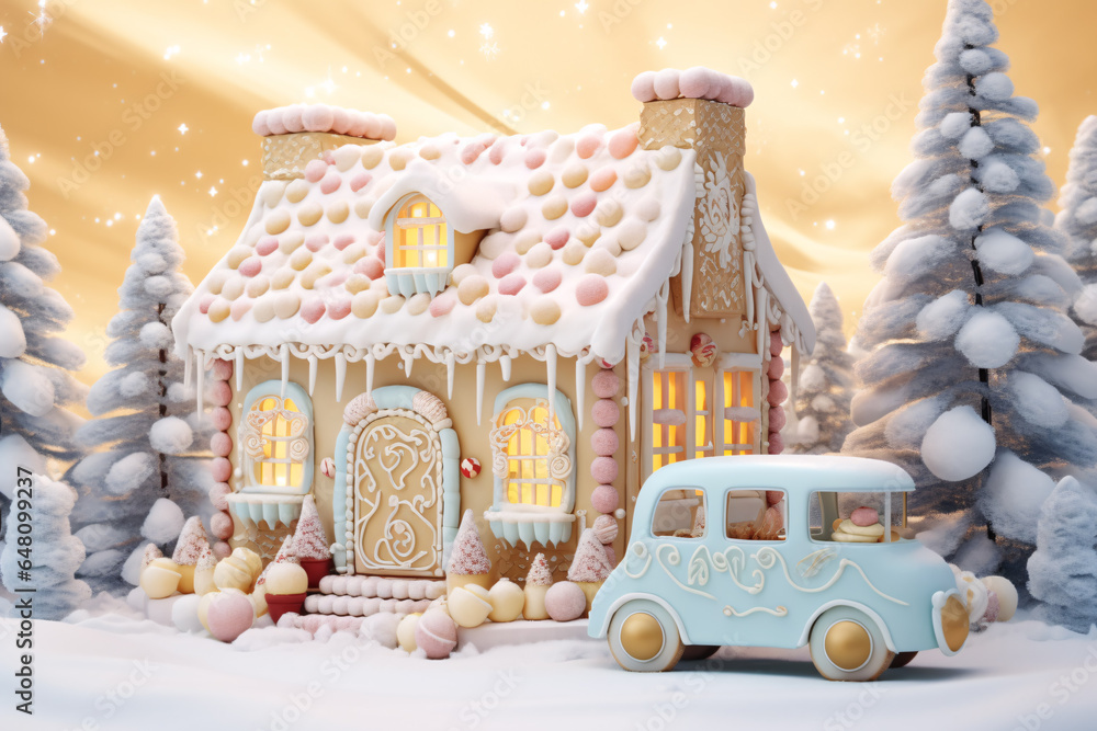 Wall mural Dreamy sweet gingerbread house with candy car. Christmas sweet cards. digital AI