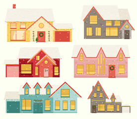Set of Cute Christmas houses. Winter village. Decorated House town. Season`s Greetings.