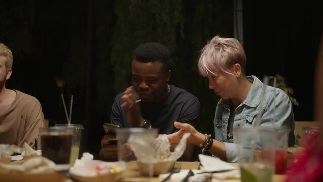 Diverse People Dining In Restaurant And Communicating, Happy African American And Caucasian Persons