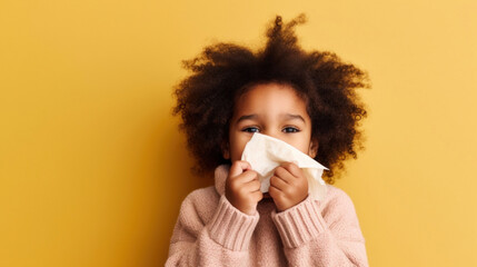 Multicultural kid with a runny nose and tissue in a studio portrait.