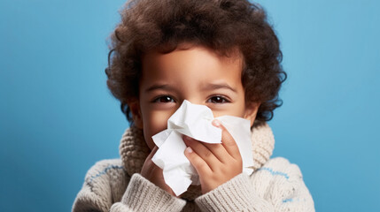 Portrait of a child holding tissue for a runny nose in a studio.