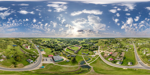 aerial hdri 360 panorama view over provincial town from great height in equirectangular seamless...