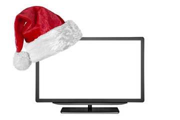a flat television with a Santa Claus hat for Christmas on a transparent background in PNG format