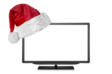 a flat television with a Santa Claus hat for Christmas on a transparent background in PNG format