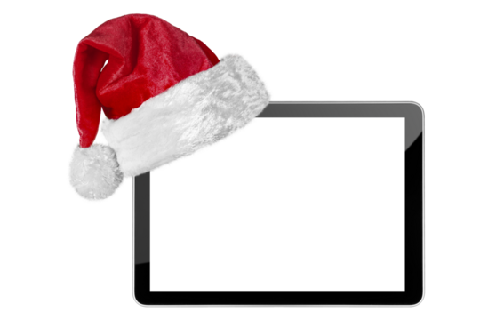 a tablet computer isolated with a Santa Claus hat for Christmas on a transparent background in PNG format