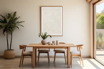 Modern Aesthetic Dining Room Interior Design with Blank Poster Created with Generative AI