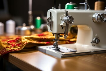 Detailed closeup of a sewing machine at work with fabric and threads - obrazy, fototapety, plakaty