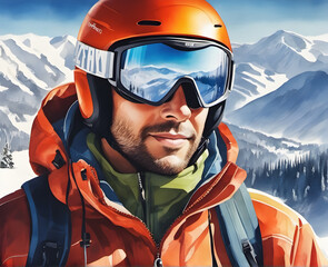 portrait of a skier at a ski resort against a background of mountains and blue sky. Male winter sports athlete in helmet and goggles. generative AI - obrazy, fototapety, plakaty