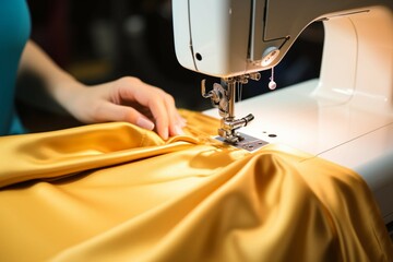 Detailed view Female hands sew yellow fabric with a modern sewing machine - obrazy, fototapety, plakaty
