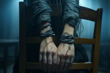 In distress, a womans taped hands signify her captivity by a dangerous kidnapper - obrazy, fototapety, plakaty