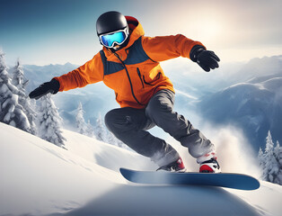 snowboarder jumps on a snowboard from a snowy mountain. Professional snowboarder doing a trick. generative AI