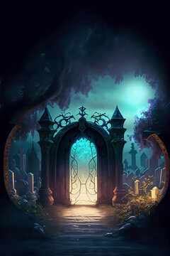 Um portal em cemitério em uma noite escura com muita névoa.