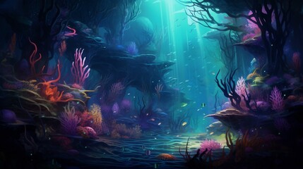 a hypothetical underwater world where colorful protists bloom, illuminating the depths