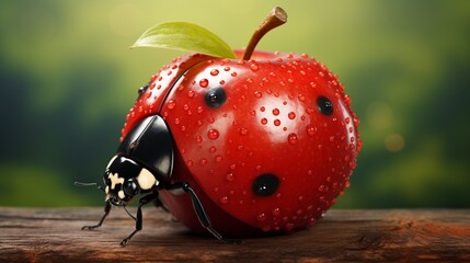a ladybug crawling on a bright red apple, showcasing its distinctive spots and charming presence