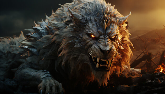 Recreation of a furious feline manticore with fire eyes, monster hybrid creature