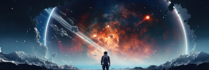 Standing Backwards The Spacefaring Adventurer Is Shown Out In Front Of A Vast Galaxy