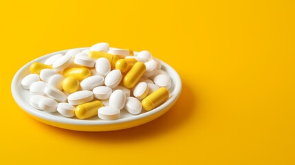 Fototapeta na wymiar Colorful medicine tablets antibiotic pills on yellow background