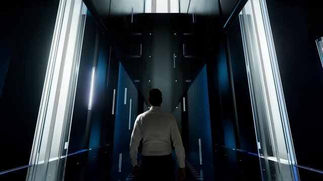 visual storytelling. Man in Futuristic Office Interior Moving and Activating Hologram.
