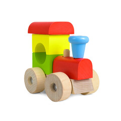 Colorful wooden toy train isolated on white background