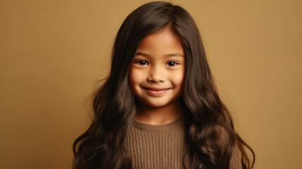 A beaming brunette child in neutral clothing captured against a beige studio background. Generative AI