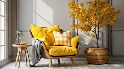 Comfortable Living Space: Armchair with Yellow Plaid and Rattan Coffee Table