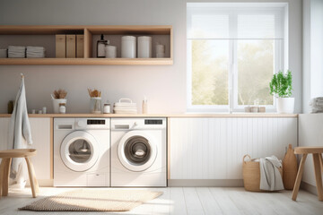 Natural lighting of minimalist modern washing machine in background of white laundry room and beautiful lights. Concept of minimalist and modern interior design. - obrazy, fototapety, plakaty