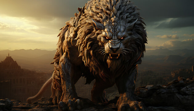 Recreation of a furious manticore creature attacking, monstrous hybrid creature. Illustration AI