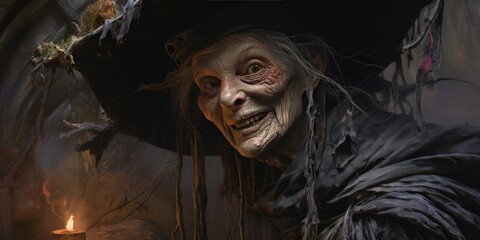 a whimsical scary witch with a smirk and rotten teeth, generative AI - obrazy, fototapety, plakaty