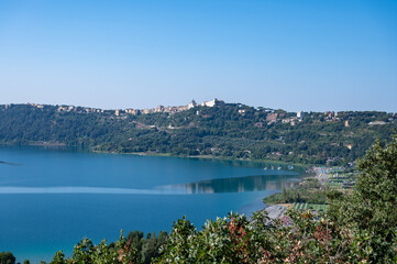 Castel Gandolfo, view on green Alban hills overlooking volcanic crater lake Albano, Castelli Romani, Italy in summer
