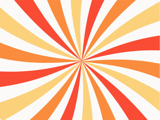 Retro background with curved, rays or stripes in the center. Rotating, spiral stripes. Sunburst or sun explosion retro background. Orange and yellow colors. Vector illustration