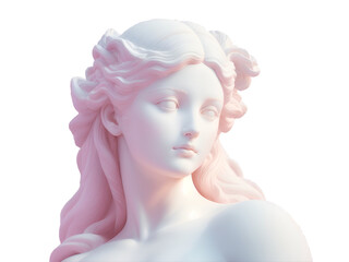 Statue of the head of beautiful woman in a pensive pose on a transparent background. 