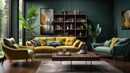 Modern Apartment Living Space with Stylish Green Accents