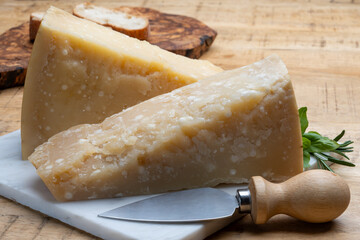 Cheese collection, hard yellow Italian cheese parmesan or parmigiano reggiano