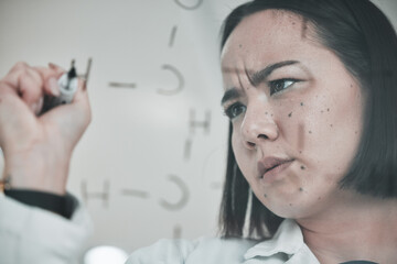 Science, glass board and scientist writing formula with focus face for pharmaceutical analytics and particles study. Research, person and working on laboratory planning and chemical analysis for dna