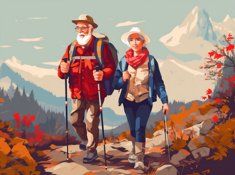 active grandfather trekking walking happy senior elderly couple hiking old. Generative AI.