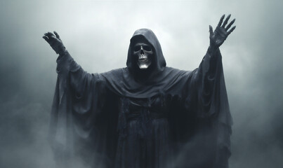 Fototapeta na wymiar night horror death creepy evil fear halloween ghost hood skeleton. Generative AI.