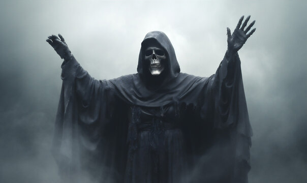 night horror death creepy evil fear halloween ghost hood skeleton. Generative AI.