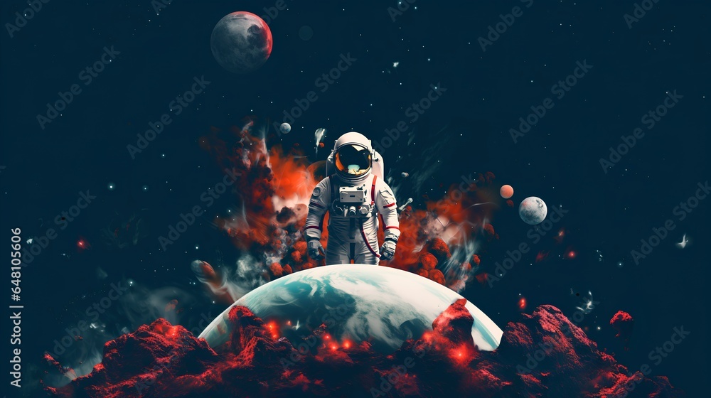 Wall mural the concept of space exploration. an astronaut in a spacesuit in the vast expanse of space. the eart