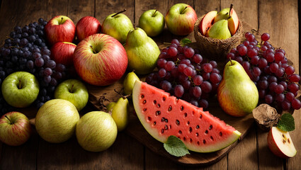 Naklejka na ściany i meble Assortment of fruits, apples, pears, grapes, watermelon on old wooden background