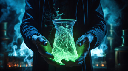 Fantasy alchemist with glowing green liquid - obrazy, fototapety, plakaty