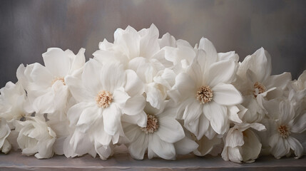 A bunch of white flowers sitting on top of a table with grey background