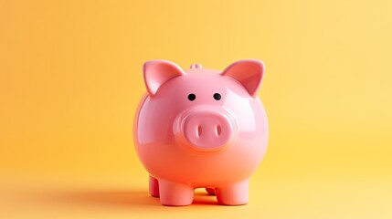 Piggy bank in the shape of a pink pig on a yellow background.