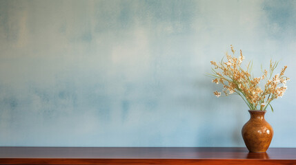 Flowers vase on a wooden table with blue plaster wall
