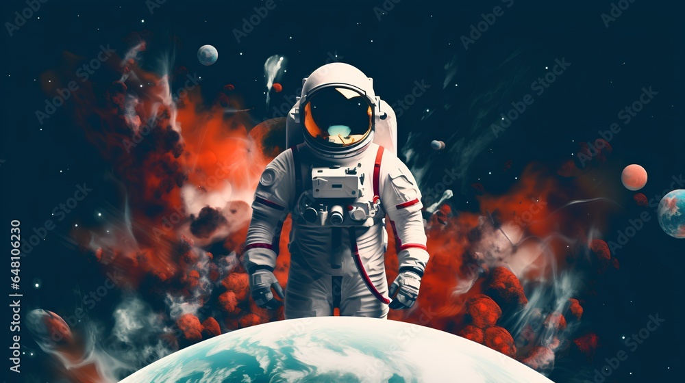 Wall mural the concept of space exploration. an astronaut in a spacesuit in the vast expanse of space. the eart