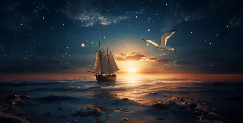 Poster old small sailboat from behind sails towards hd wallpaper © Your_Demon