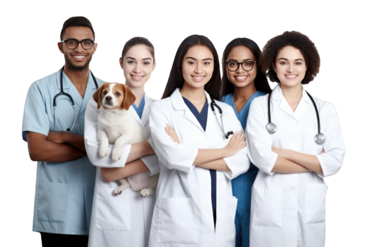 Young multi-ethnic group of a veterinary team of 5 people smiling with arms crossed together wearing a  coat, one has a puppy in his arms on a cutout PNG transparent background